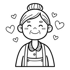 Obraz premium Happy Senior Woman Smiling Surrounded by Hearts Ideal for Coloring Books and Fond Illustrations