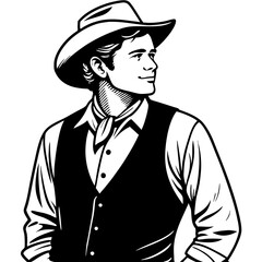 Vintage Cowboy Portrait in Classic Western Attire Ideal for Tattoo Design and Graphic Art