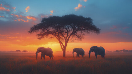 Fototapeta premium Elephants roam under vibrant sunset in African savanna