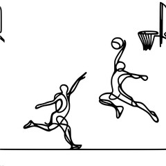 Fototapeta premium Dynamic basketball players executing a jump shot in a minimalist style , single line vector