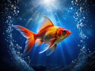 Fototapeta premium Blue Water Goldfish Silhouette, Air Bubbles, Aquatic Life, Underwater Photography, Fish Silhouette, Goldfish Bubbles, Silhouette Background, Dark Background