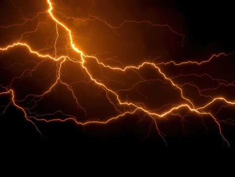 Intense orange lightning bolts branching across dark sky