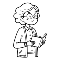 Young Woman Reading Book Line Art Illustration for Coloring Books and Educational Materials