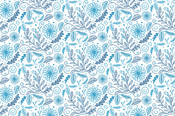 blue seamless sketch floral pattern in hand drawn one line style for pillow printing kitchen wear and textile fabric


