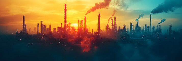 collage featuring overlapping silhouettes of refinery structures against a twilight sky, utilizing negative space to highlight form