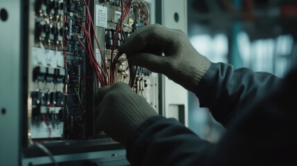 An electrician wiring a control panel at an industrial site. Featuring precision and safety