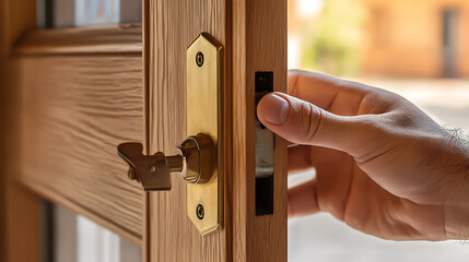 Carpenter adjusting a wooden frame for a door installation. Featuring woodworking skill and precision