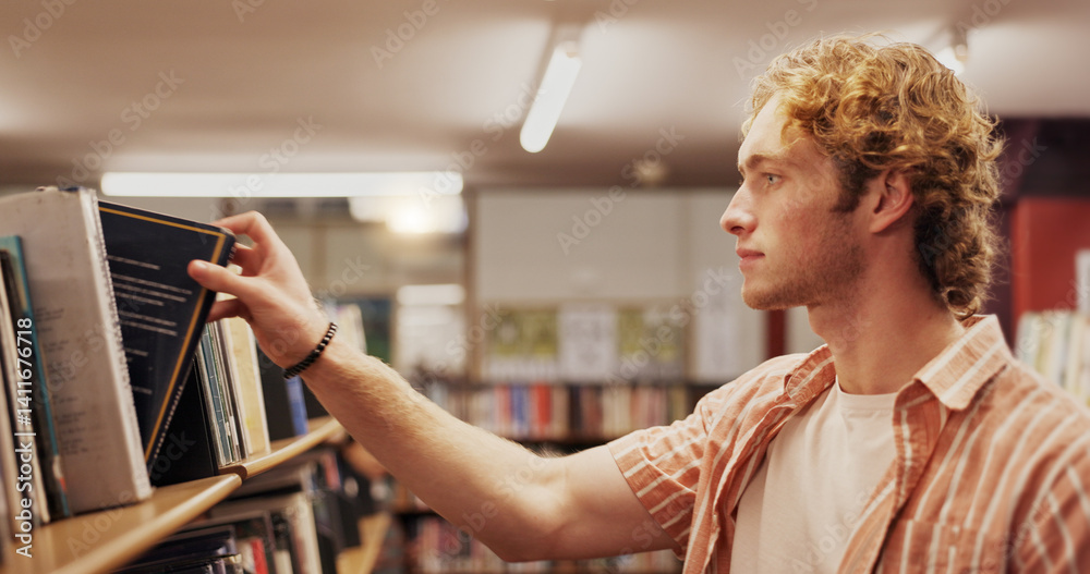Poster Man, shelf and learning with books in library for choice, studying and preparation for exam. Student, return and textbook decision for information, university knowledge and wisdom of education thesis