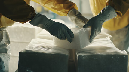 Laborer sealing a shipment of processed lithium for transport. Featuring logistics work