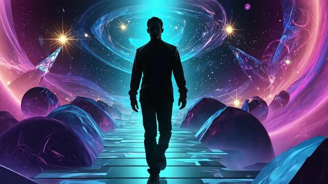 Abstract 3D Space Walk: A Man's Journey Through Planets and Stars
