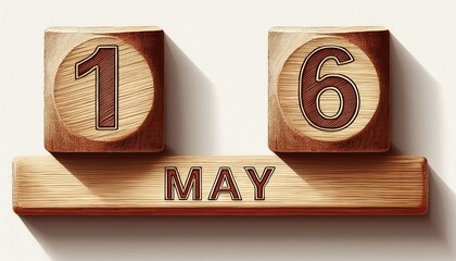 Illustration of wooden blocks with date 16 May. Day and month, simple calendar