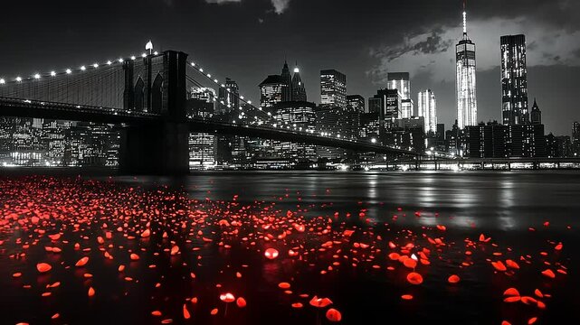Stunning black and white cityscape of New York at night with vibrant red flowers in the foreground