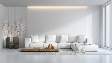 Serene minimalist living room with a white sectional sofa, wooden coffee table, and neutral decor.  The calming atmosphere is enhanced by natural light and simple, elegant design elements.
