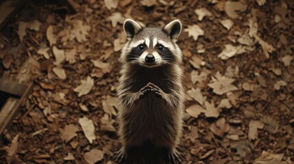 Naklejka premium A curious raccoon stands with hands clasped looking directly at the viewer