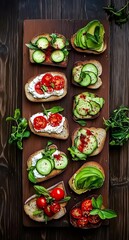 A long wooden board with several toasts decorated with cucumber, tomato, and mozzarella on top of the table, viewed from above, dark background,