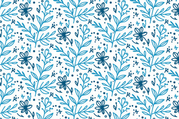 seamless blue botanical floral pattern in single line format with rose and leaf illustrations for pillow and textile use

