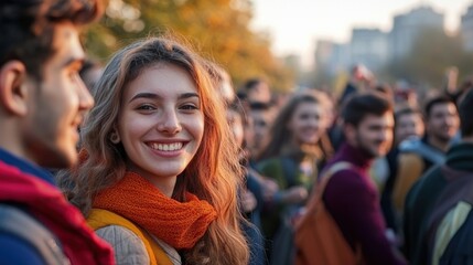 Smiling young woman in a crowd of people in an autumn park. Use Social media post