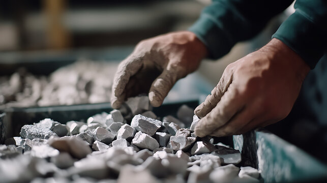 Laborer sorting and packing lithium ore samples for transportation. Featuring packing work