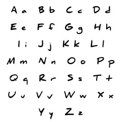Handwritten English Alphabet Chart Featuring Uppercase and Lowercase Letters in Black Ink on White Background