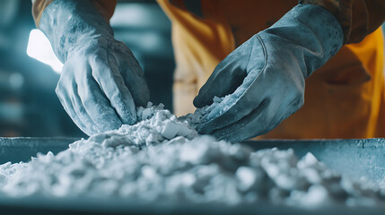 Laborer sorting lithium ore at a processing plant for further refinement. Featuring ore sorting