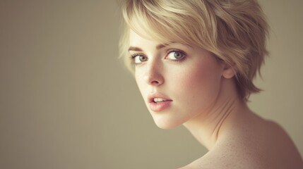 Fototapeta premium Young woman in thoughtful gaze, bathed in soft light; quiet intensity and serene focus. 
