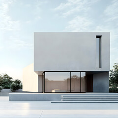 Obraz premium Modern Architectural Abode: Captivating modern home exterior design featuring sleek lines, large glass windows, and a minimalist aesthetic under a bright blue sky.