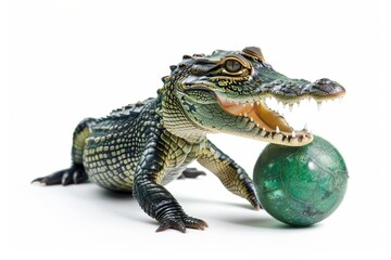 Obraz premium A playful crocodile toy engages with a vibrant green ball in a bright studio setting, showcasing whimsical creativity and imagination isolated on transparent background
