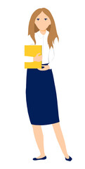 Young woman in office suit holding a folder, office stuff worker, young woman in a white blouse and dark blue skirt. Person Isolated flat cartoon design element.