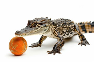 Obraz premium A playful crocodile interacting with a round orange object on a clean white surface during a bright and cheerful moment isolated on transparent background