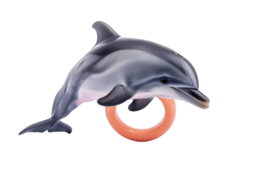 A playful dolphin toy leaping through a bright orange ring, showcasing vibrant colors in a whimsical underwater adventure setup isolated on transparent background