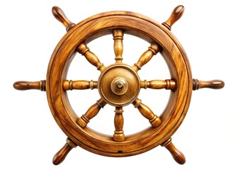 Antique Oak Ship Wheel, Brass Hub, Isolated