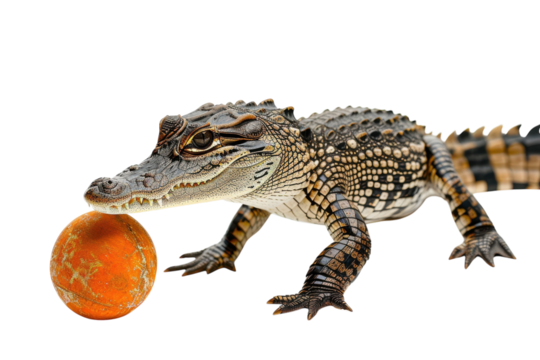 A playful crocodile interacting with a round orange object on a clean white surface during a bright and cheerful moment isolated on transparent background