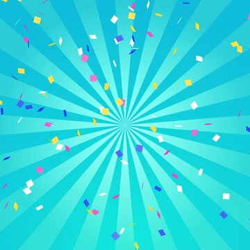 カラフルな紙吹雪と右回転するサンバーストのループ動画（青）【正方形ビデオ】