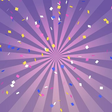 カラフルな紙吹雪と右回転するサンバーストのループ動画（紫）【正方形ビデオ】