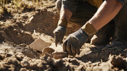 Archaeologist uncovering ancient artifacts at an excavation site. Featuring history and meticulous research