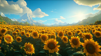 Fototapeta premium Vibrant sunflower field under a clear blue sky with majestic mountains in the background during golden hour