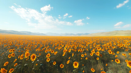 Obraz premium Vibrant sunflower field under a clear blue sky with mountains in the background during a sunny day