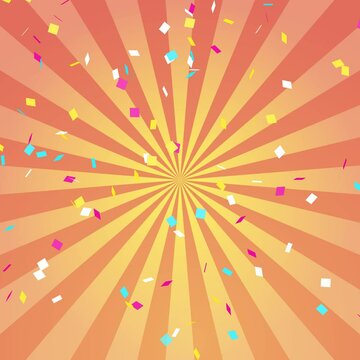 Loop video of Colorful confetti and sunburst rotating right (orange) [square video]