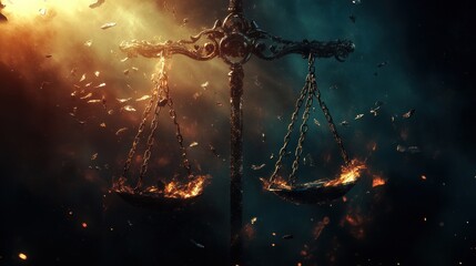 Burning Scales of Justice: A fiery digital art depicting the scales of justice engulfed in flames, surrounded by floating debris, signifying chaos and imbalance.