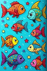 Assorted doodle fish designs for coloring book on blue background, pattern, child