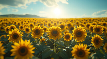 Fototapeta premium Sunset over blooming sunflower field with vibrant colors and serene atmosphere in countryside landscape