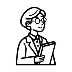 Obraz premium Cheerful Scientist Holding Notebook in Lab Coat Suitable for Educational Materials and Illustrations