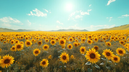 Obraz premium Vibrant sunflower field stretches endlessly under a bright blue sky and shining sun in summer