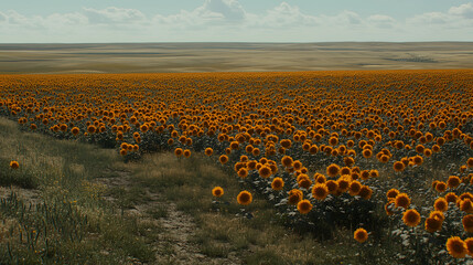Obraz premium Vast field of sunflowers in full bloom under a bright blue sky during summer