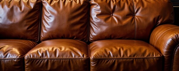 Close-up of luxurious brown leather sofa with intricate stitching, furniture, design