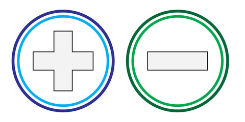 set of plus and minus symbols in circular and square shapes, positive and negative signs, vector black and white, red and green, blue and green, geometric symbols for math, web, and UI design elements