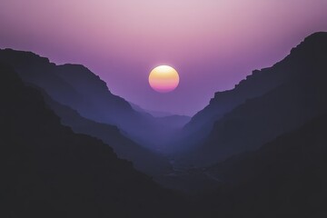 Serene mountain sunset with vibrant colors and deep valleys