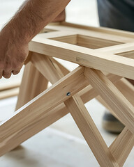 Carpenter assembling a wooden table frame in a workshop. Featuring wood assembly and craftsmanship