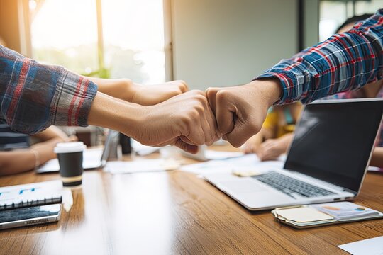 Team fist bump in meeting