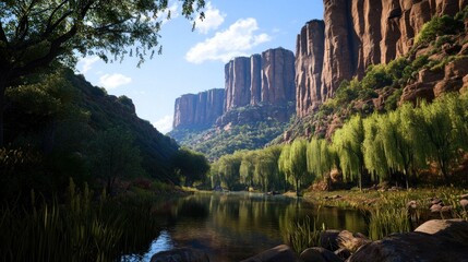 Fototapeta premium Serene canyon landscape, tranquil river reflecting mountains